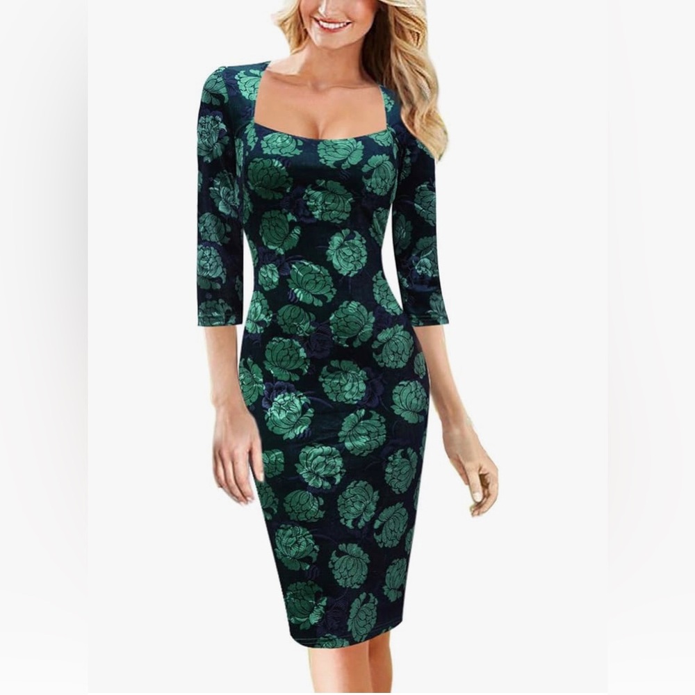 Green velveteen pencil skirt dress